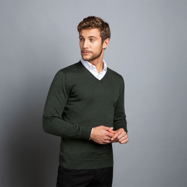 Extra Fine Merino V Neck in Forest Green Made in Italy Filofino