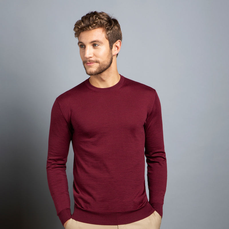 Extra Fine Crewneck in Burgundy Red, Made from Cashwool by Zegna Baruffa, view from above – FILOFINO Luxury Italian Knitwear