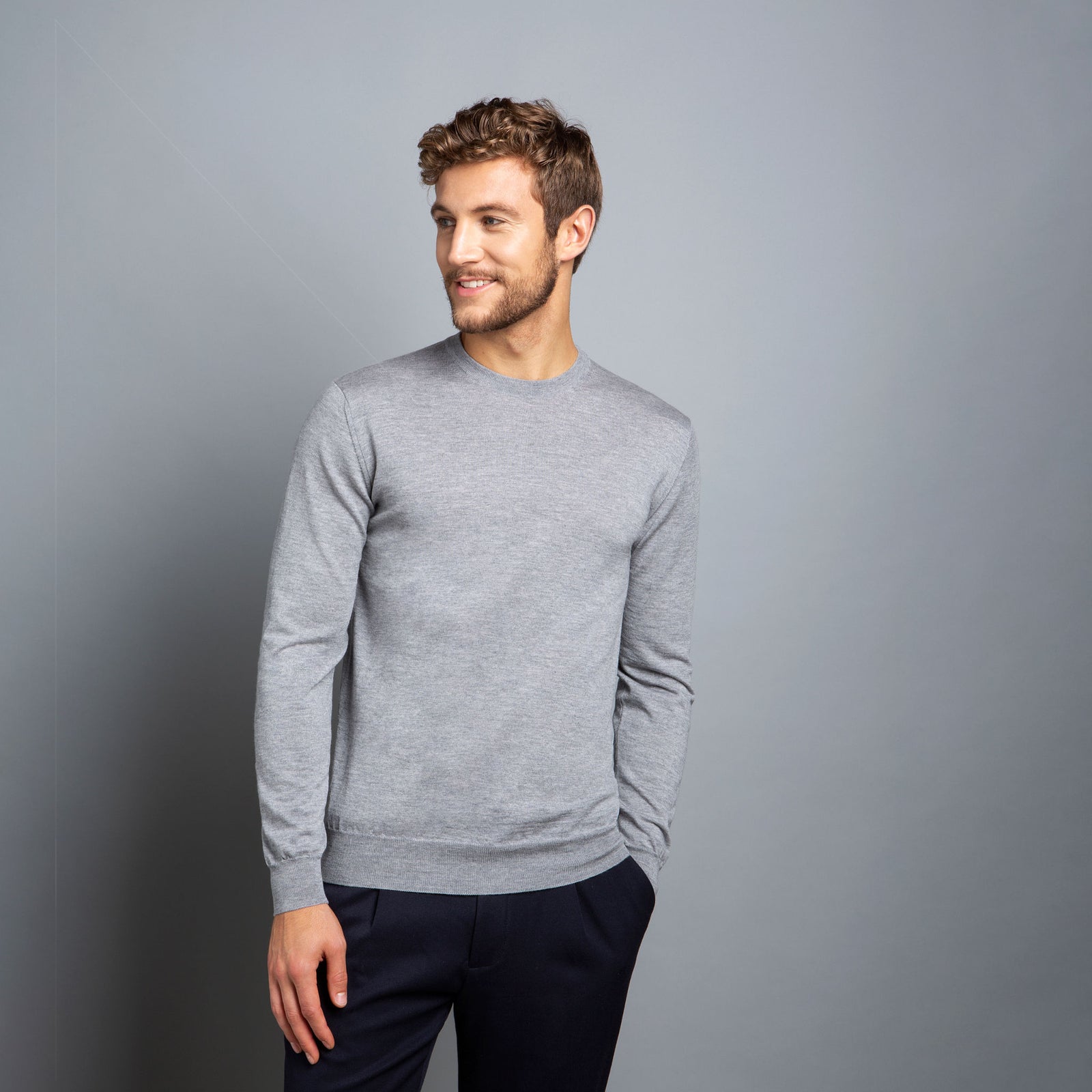 Extra Fine Merino Crewneck in Light Grey - Made in Italy