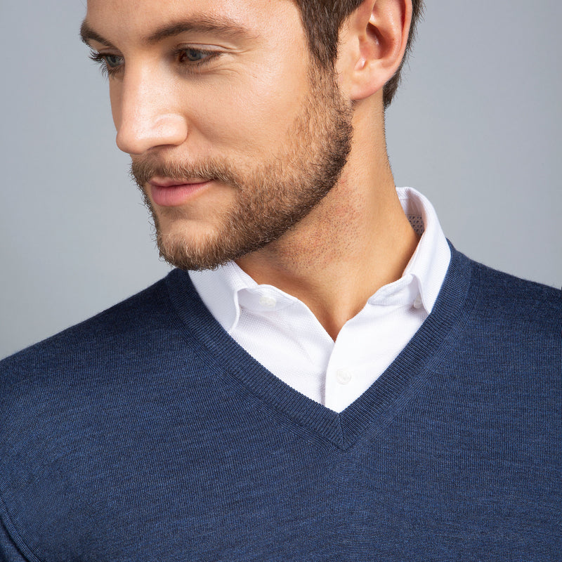 Extra Fine Merino Wool V-Neck in Blue, detail of collar on model – FILOFINO Luxury Italian Knitwear