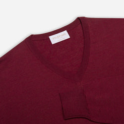 Extra Fine Merino Wool V-Neck in Burgundy Red, detail of collar and sleeve – FILOFINO Luxury Italian Knitwear