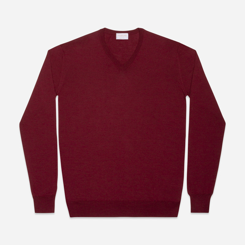 Extra Fine  V-Neck in Burgundy Red, Made from Cashwool by Zegna Baruffa, view from above – FILOFINO Luxury Italian Knitwear