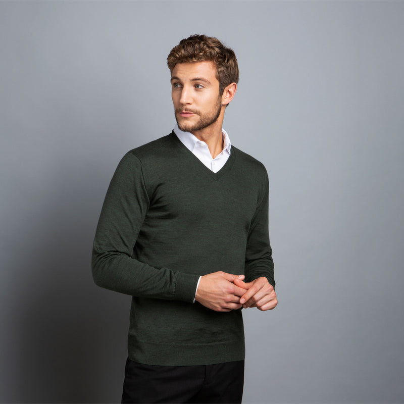 Extra Fine V-Neck in Dark Green, Made from Cashwool Merino wool sourced from the finest Australian sheep – FILOFINO Luxury Italian Knitwear