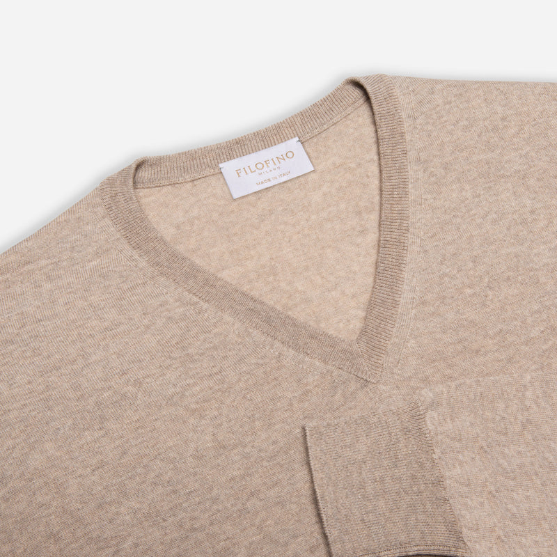 Extra Fine Merino Wool V-Neck in Oatmeal, detail of collar and sleeve – FILOFINO Luxury Italian Knitwear